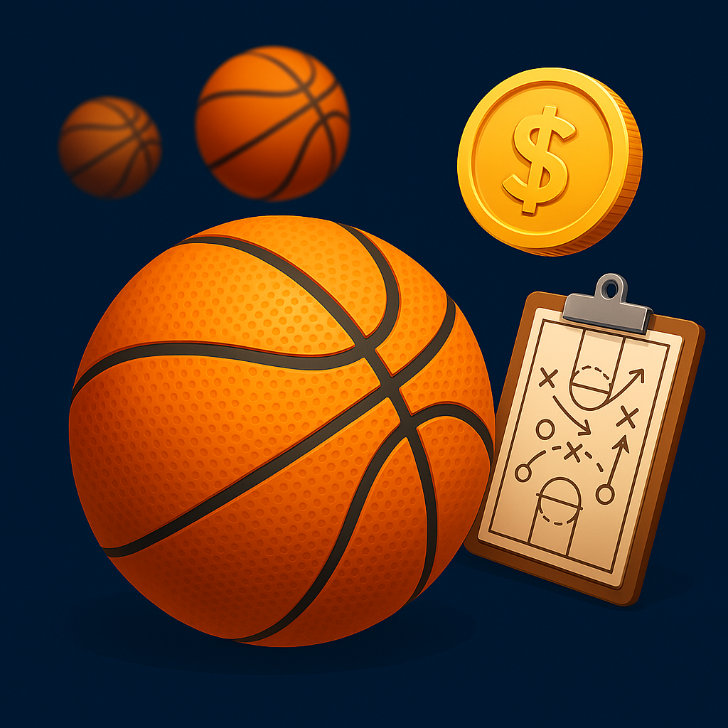 TU娛樂城NBA運彩教學2025:新手入門玩法、平台比較 1 TU娛樂城NBA運彩概念圖,包含籃球、策略板與金幣,象徵線上投注與賺錢策略