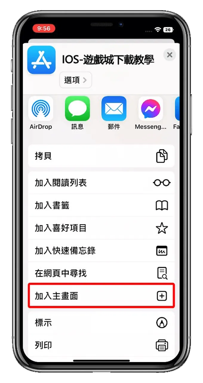 加入主畫面選項